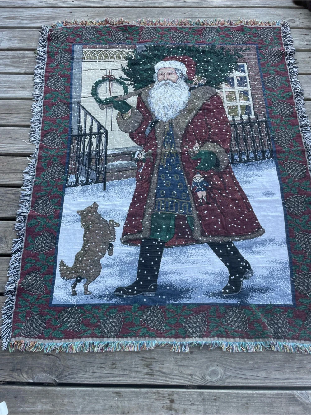 Vintage Chatham Tapestry Saint Nicholas Santa Knit Throw Blanket 100% Cotton